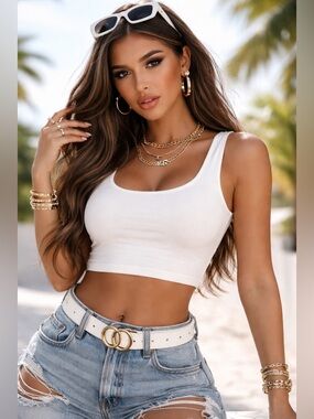 White Scoop Neck Crop Tank Top